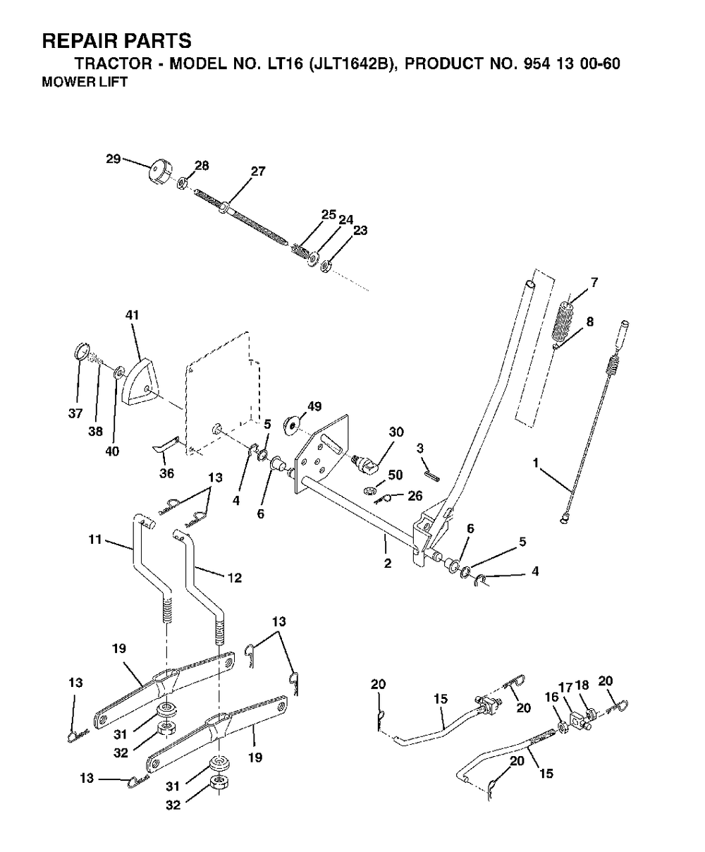 Mower Lift / Deck Lift Diagram and Parts List for LT16 (954130060-B)(2002-06) Jonsered Lawn Tractor