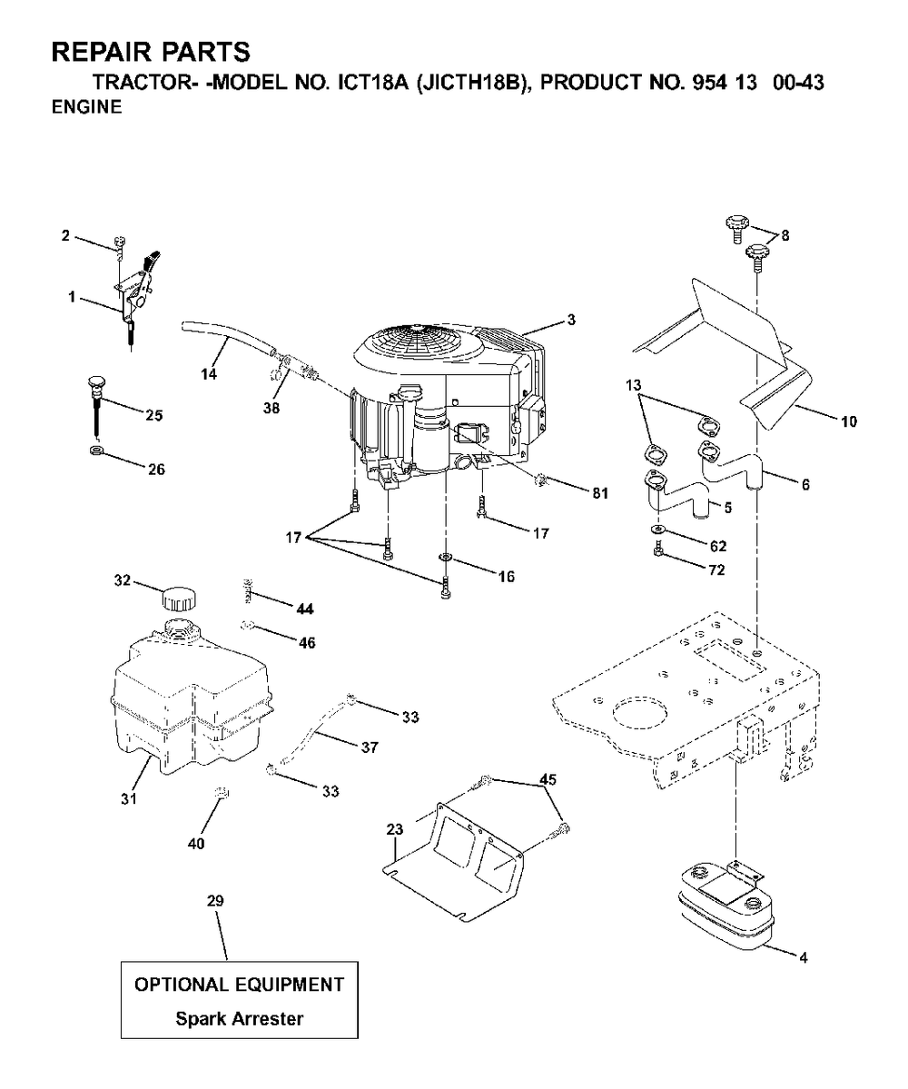 Engine Diagram and Parts List for ICT18A (954130043-B)(2001-02) Jonsered Lawn Tractor