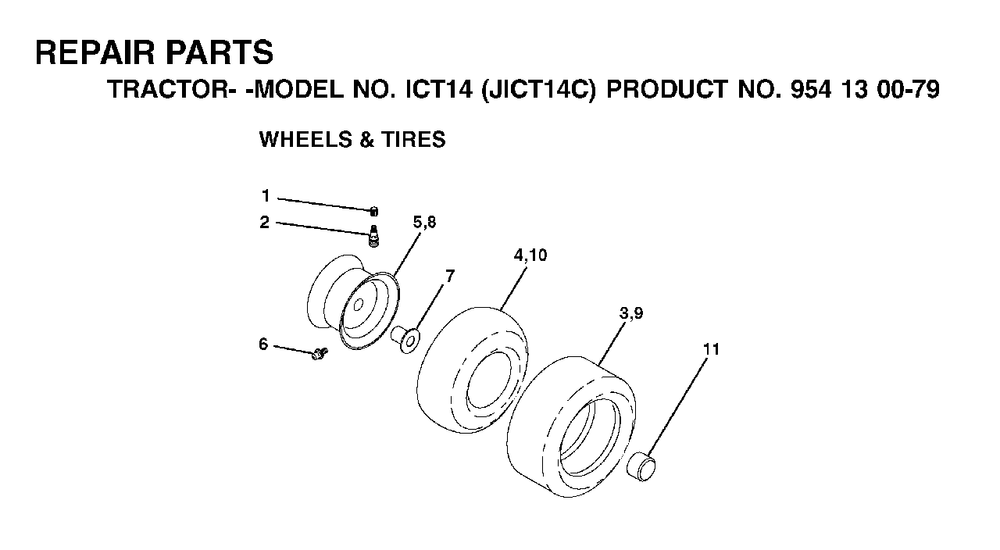 Wheels Tires Diagram and Parts List for ICT14 (954130079)(2002-06) Jonsered Lawn Tractor