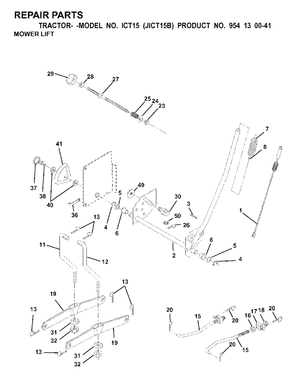 Mower Lift / Deck Lift Diagram and Parts List for ICT15 (954130041)(2000-02) Jonsered Lawn Tractor