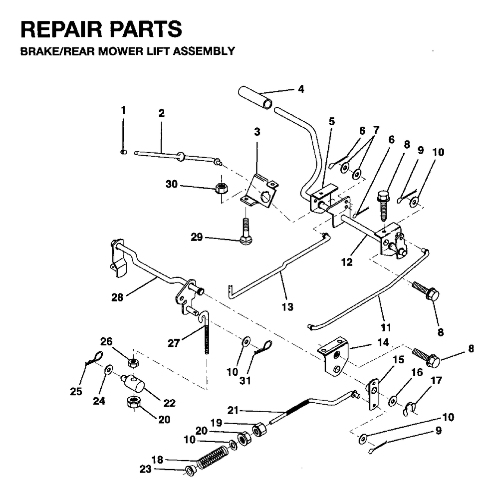 Brake / Rear Mower Lift Diagram and Parts List for LRH13 1995-01 Jonsered Lawn Tractor