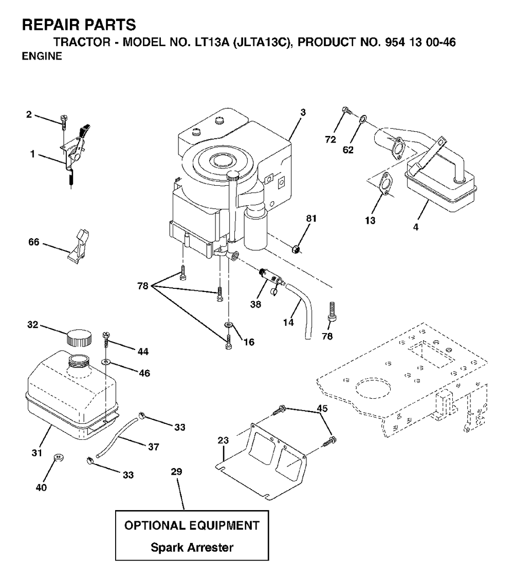 Engine Cutting Equipment Diagram and Parts List for LT13A (954130046)(2001-09) Jonsered Lawn Tractor