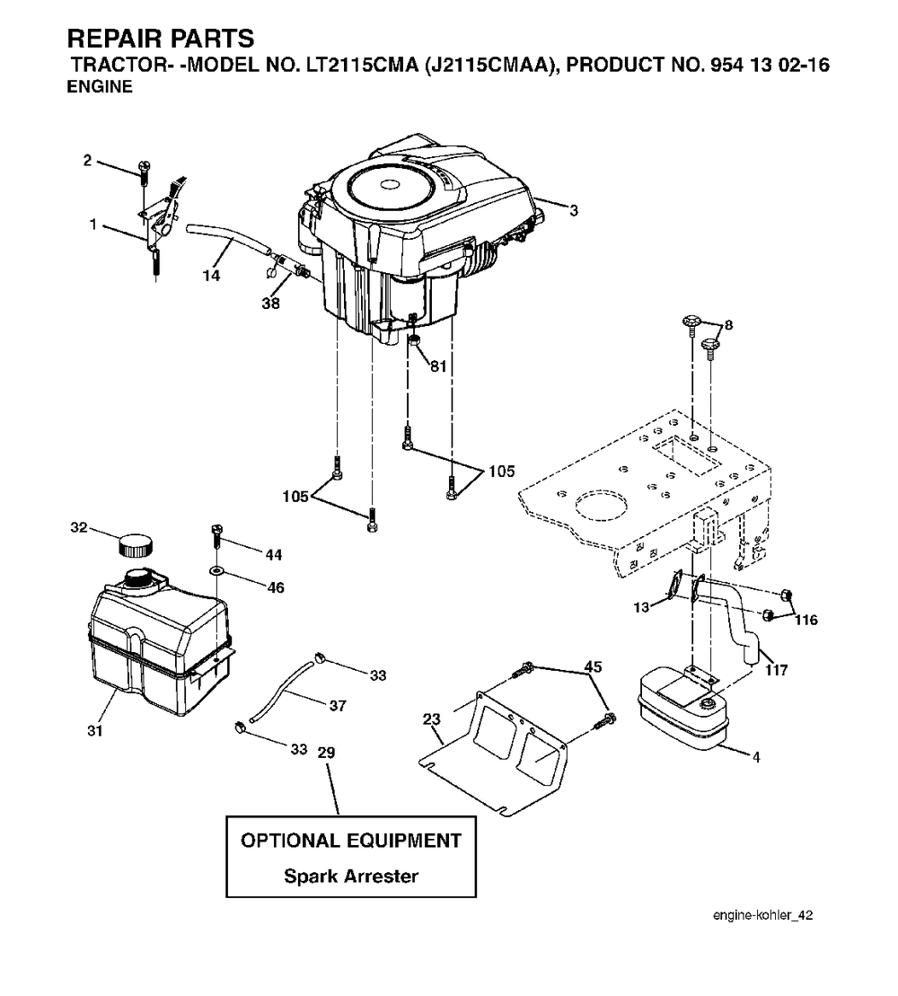 Engine Diagram and Parts List for LT2115CMA (954130216)(2004-01) Jonsered Lawn Tractor