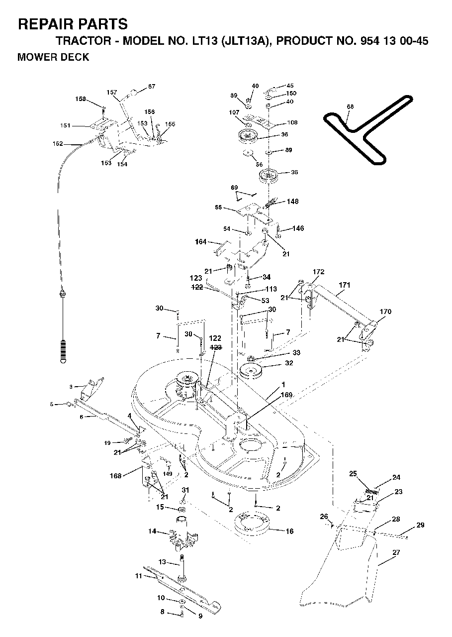 Mower Deck / Cutting Deck Diagram and Parts List for LT13 (954130045)(2001-01) Jonsered Lawn Tractor