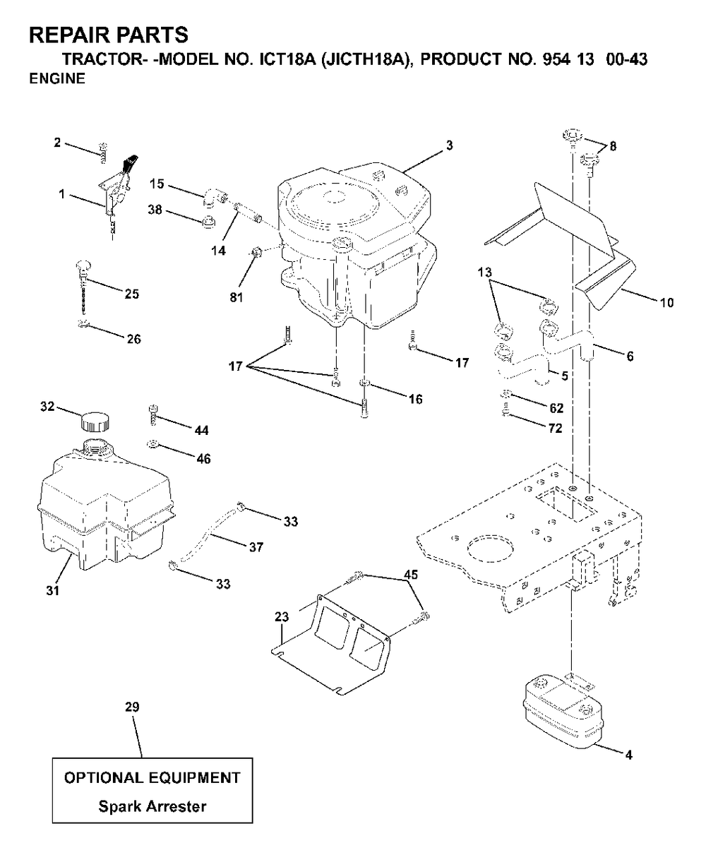 Engine Cutting Equipment Diagram and Parts List for ICT18A (954130043-A)(2000-03) Jonsered Lawn Tractor