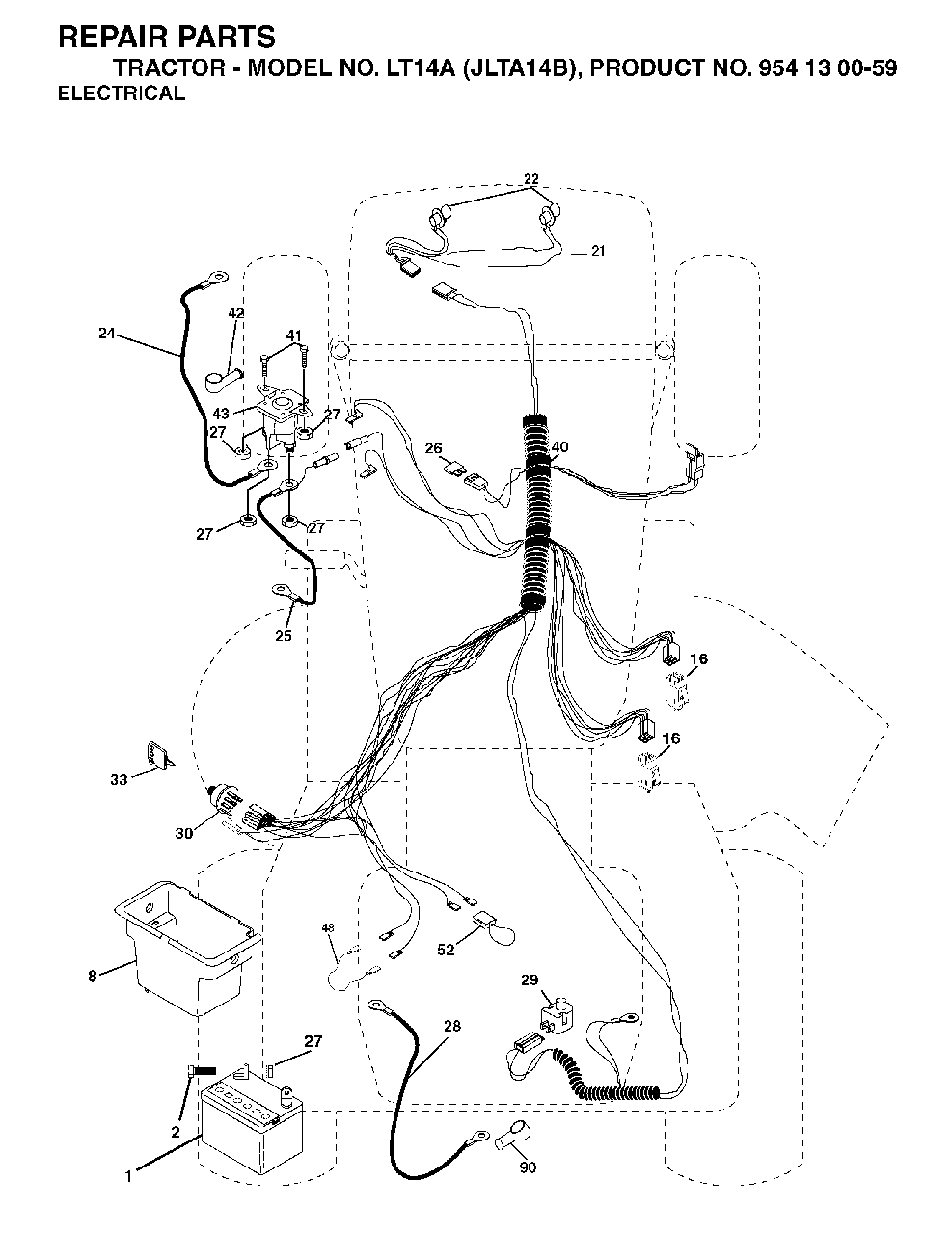 Electrical Diagram and Parts List for LT14A (954130059)(2003-01) Jonsered Lawn Tractor