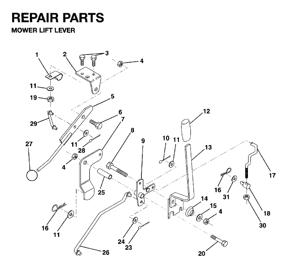 Mower Lift Lever Diagram and Parts List for LR10 1995-01 Jonsered Lawn Tractor