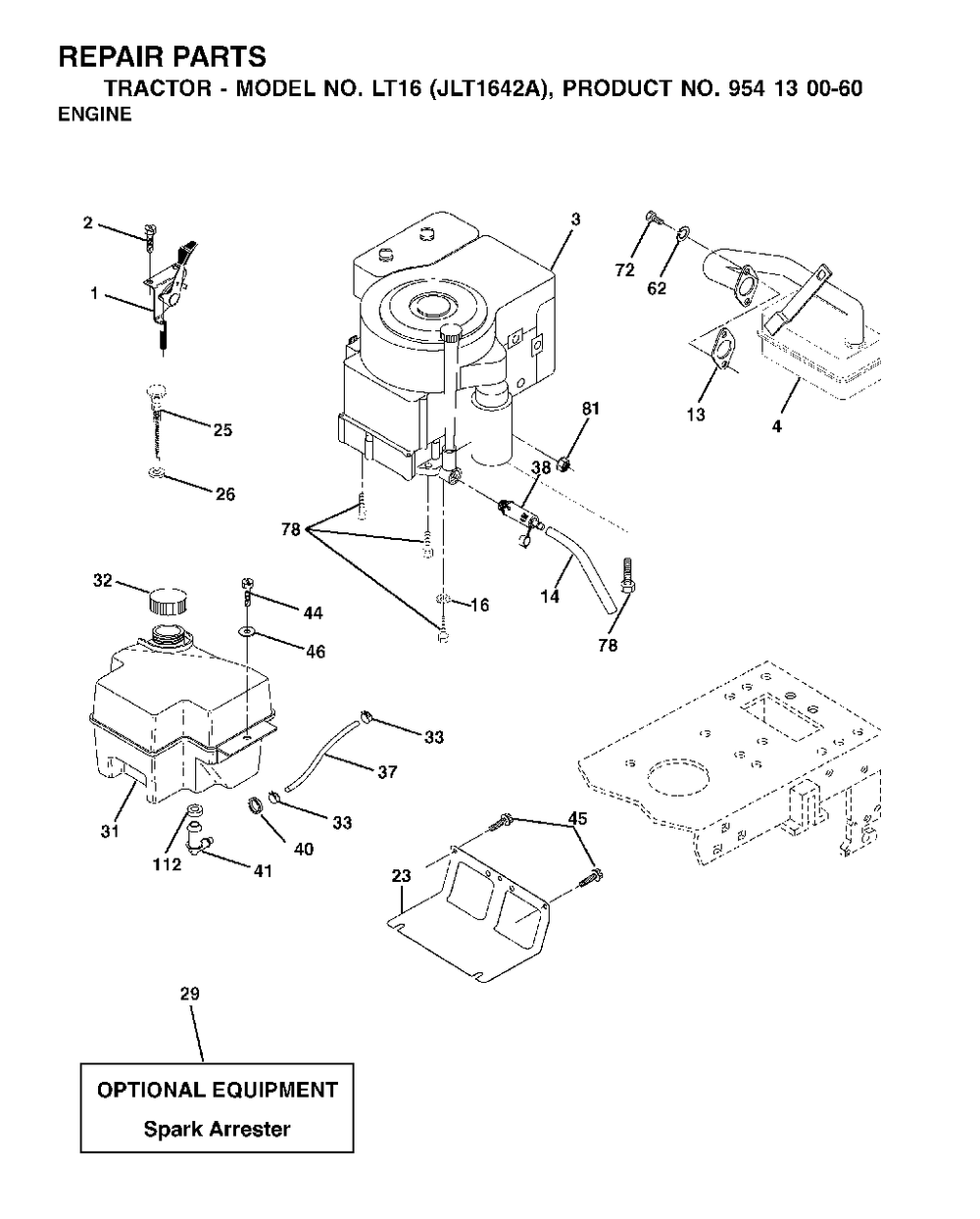 Engine Diagram and Parts List for LT16 (954130060-A)(2002-06) Jonsered Lawn Tractor