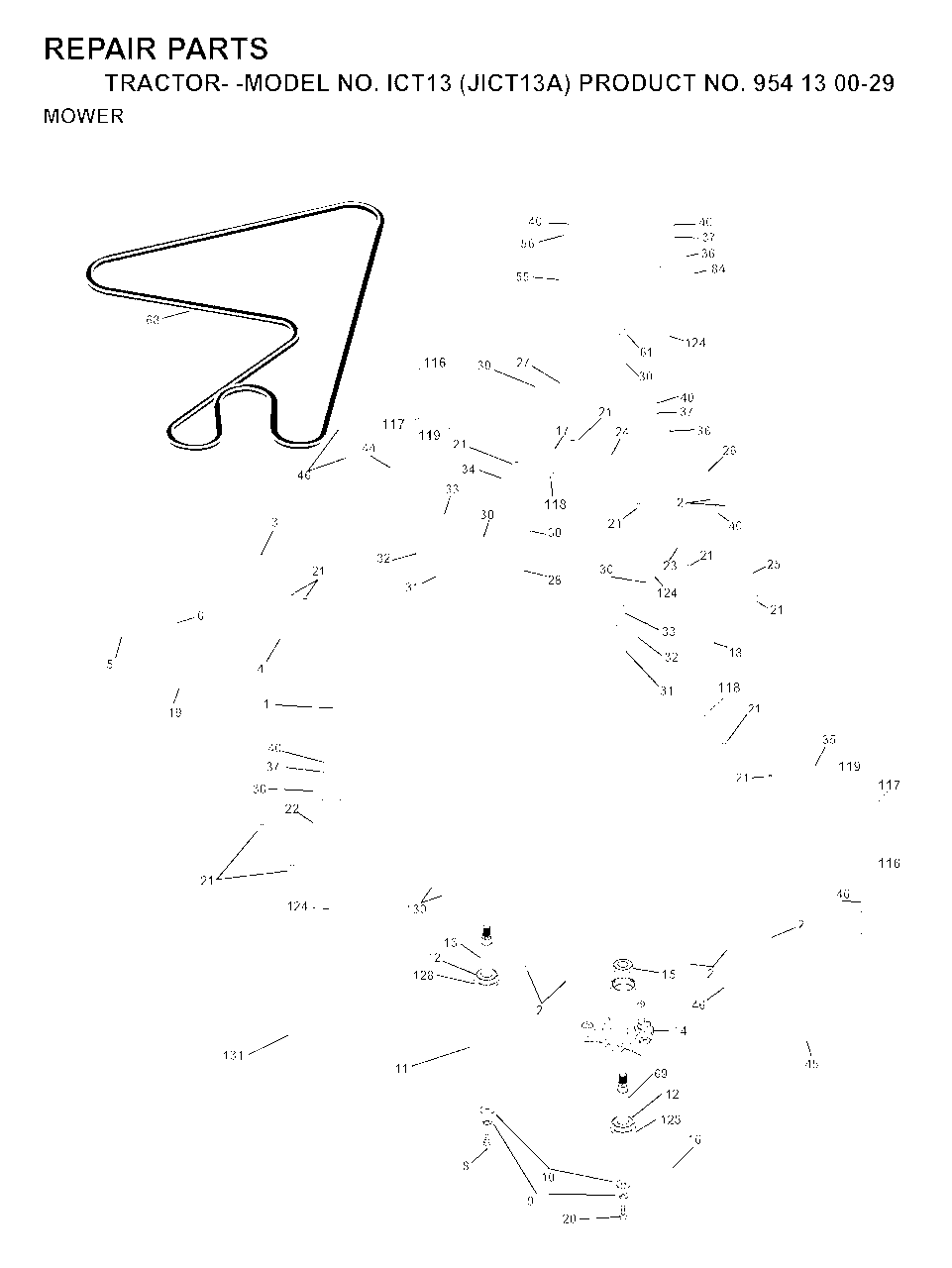 Mower Deck / Cutting Deck Diagram and Parts List for ICT13 (954130029)(1999-03) Jonsered Lawn Tractor