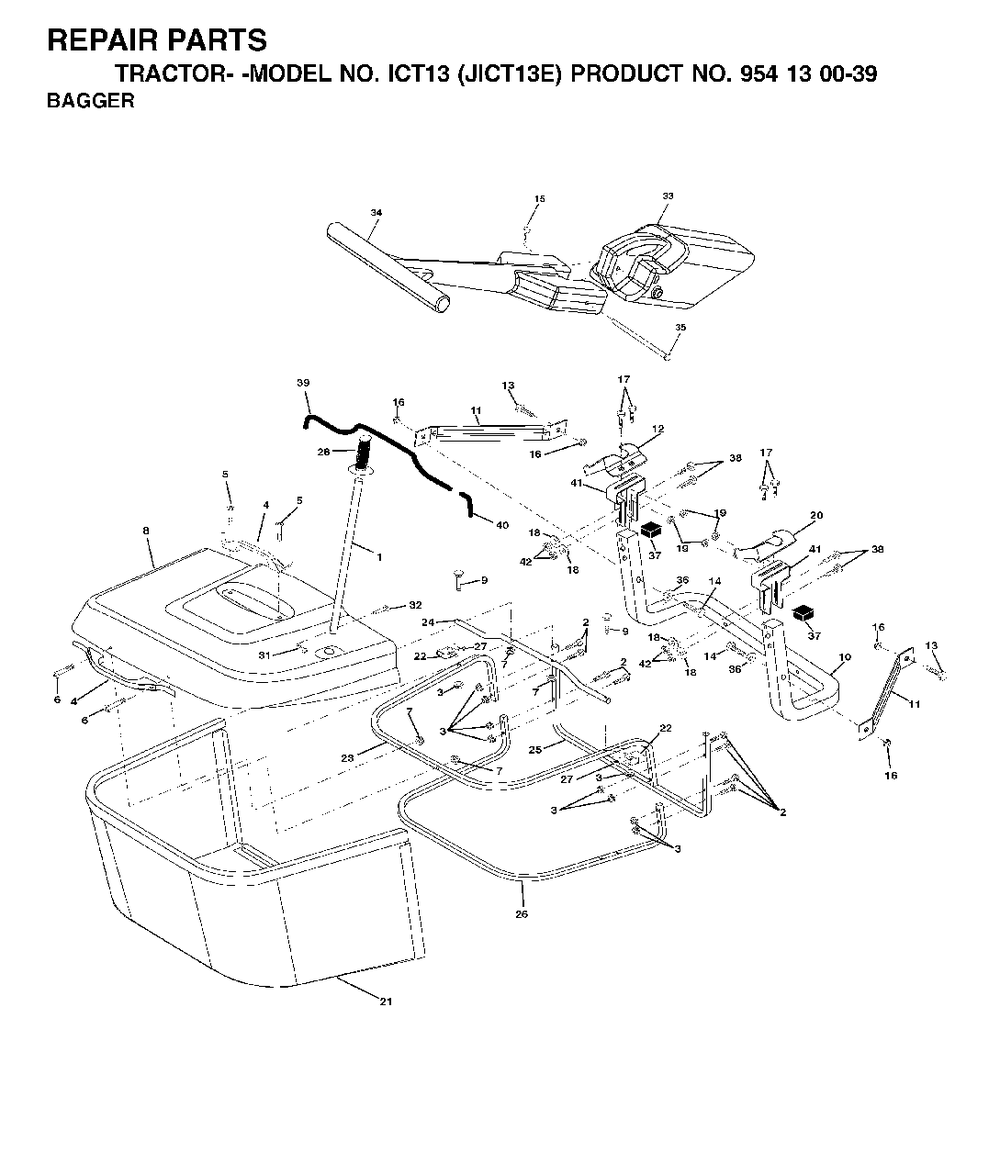 Bagger Diagram and Parts List for ICT13 (954130039)(2001-09) Jonsered Lawn Tractor