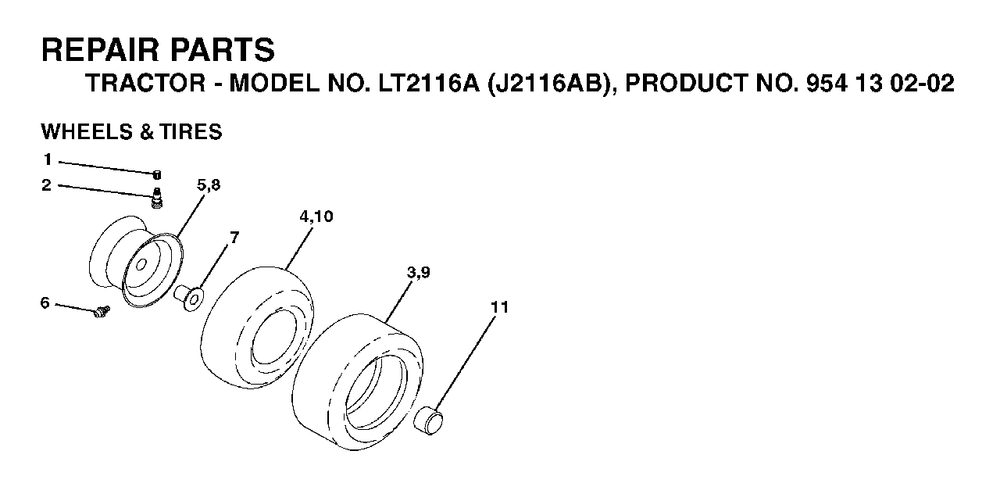 Wheels Tires Diagram and Parts List for LT2116A (954130202-B)(2003-01) Jonsered Lawn Tractor