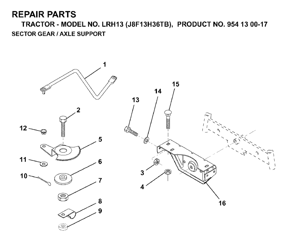 Sector Gear / Axle Support Diagram and Parts List for LRH13 (954130017)(1998-12) Jonsered Lawn Tractor