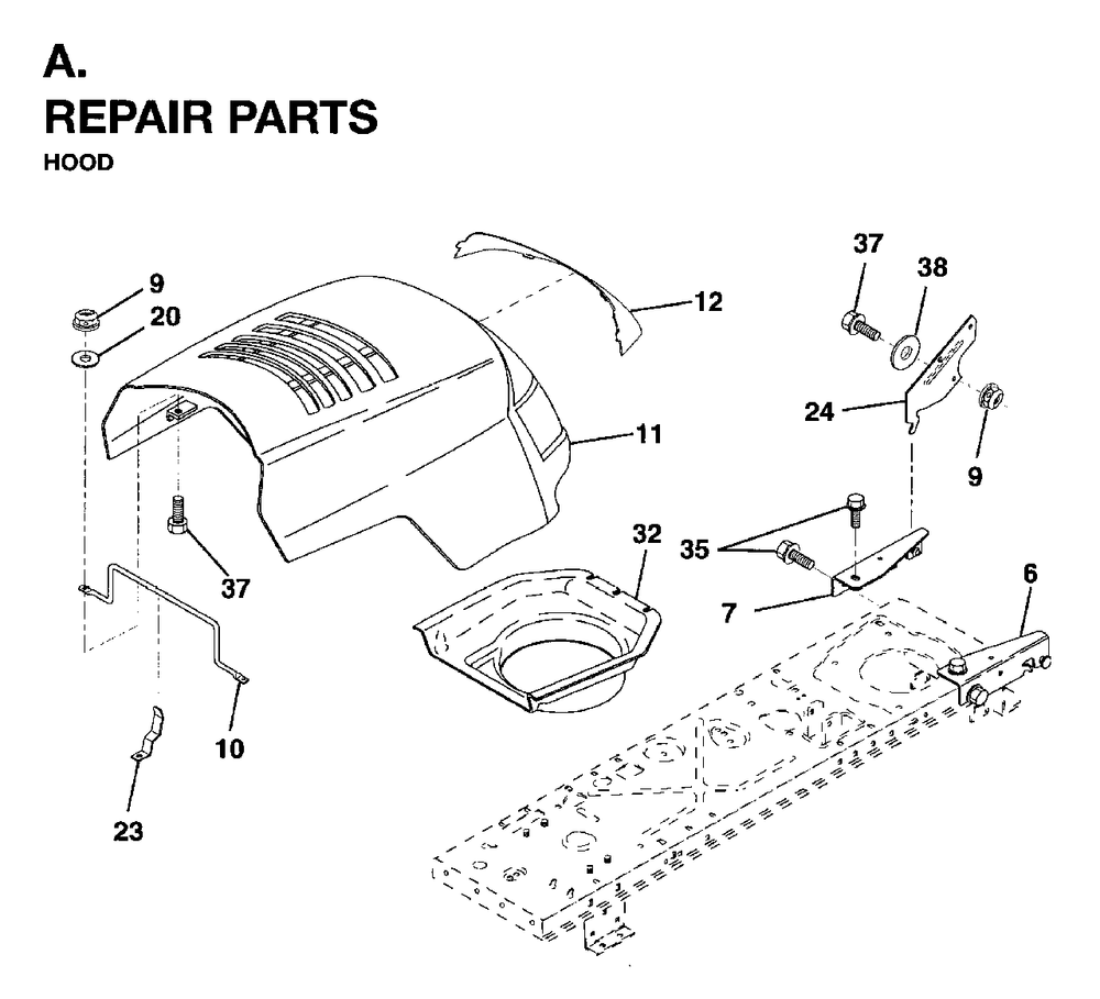 Hood Diagram and Parts List for LR12 (954003411)(1996-01) Jonsered Lawn Tractor