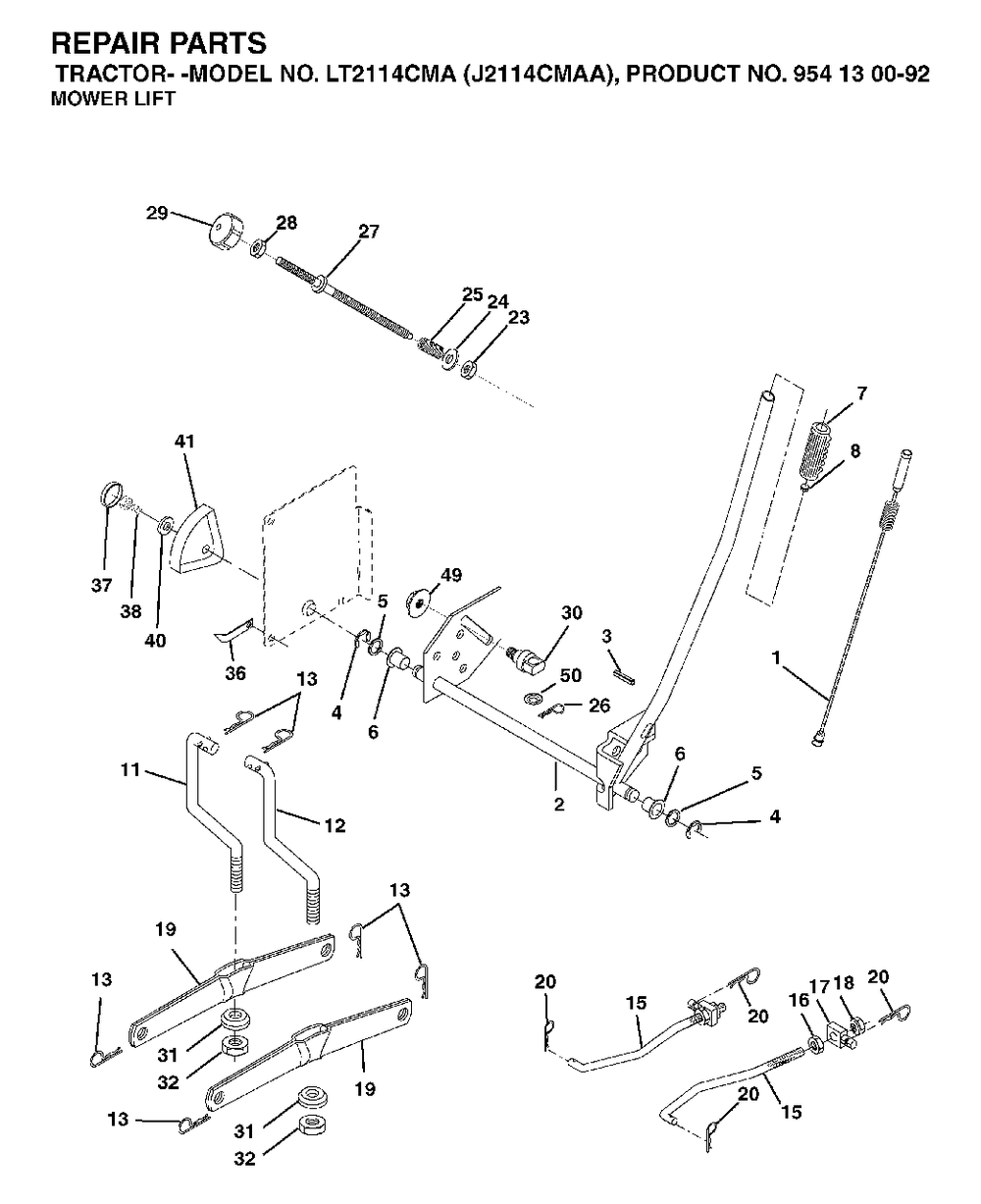 Mower Lift / Deck Lift Diagram and Parts List for LT2114CMA (954130092-A)(2003-01) Jonsered Lawn Tractor