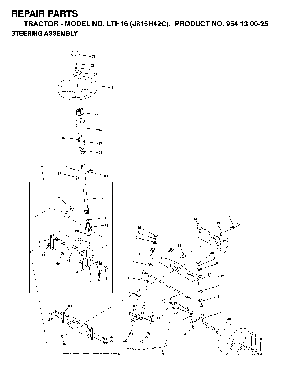 Steering Diagram and Parts List for LTH16 (954130025)(1998-12) Jonsered Lawn Tractor
