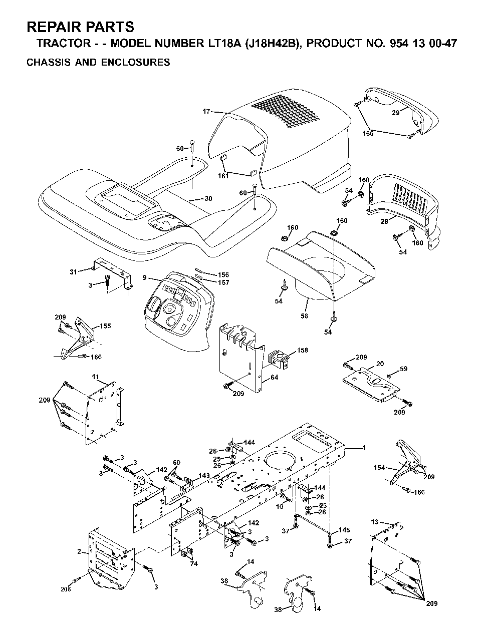 Chassis Enclosures Diagram and Parts List for LT18A (954130047-B)(2001-01) Jonsered Lawn Tractor