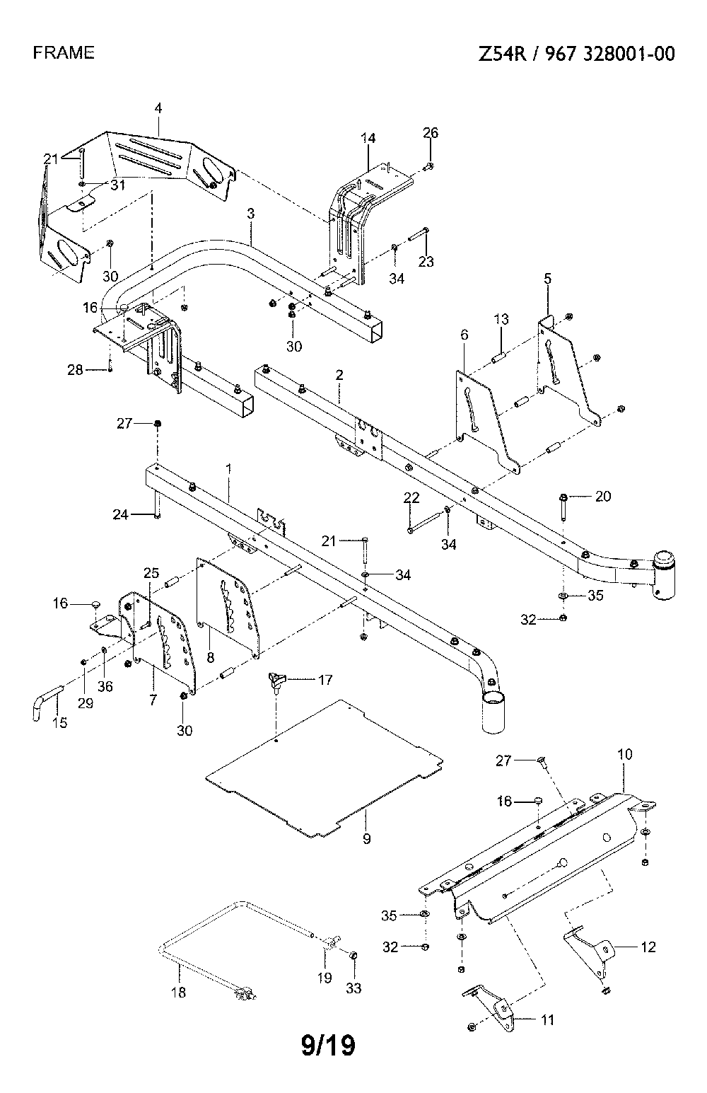 Frame Diagram and Parts List for 967328001-00  Jonsered Lawn Mower