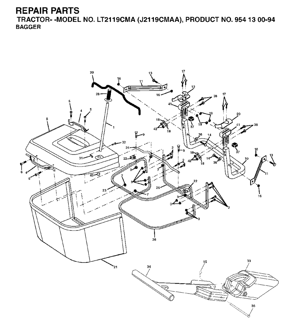 Bagger Diagram and Parts List for LT2119CMA (954130094)(2003-01) Jonsered Lawn Tractor
