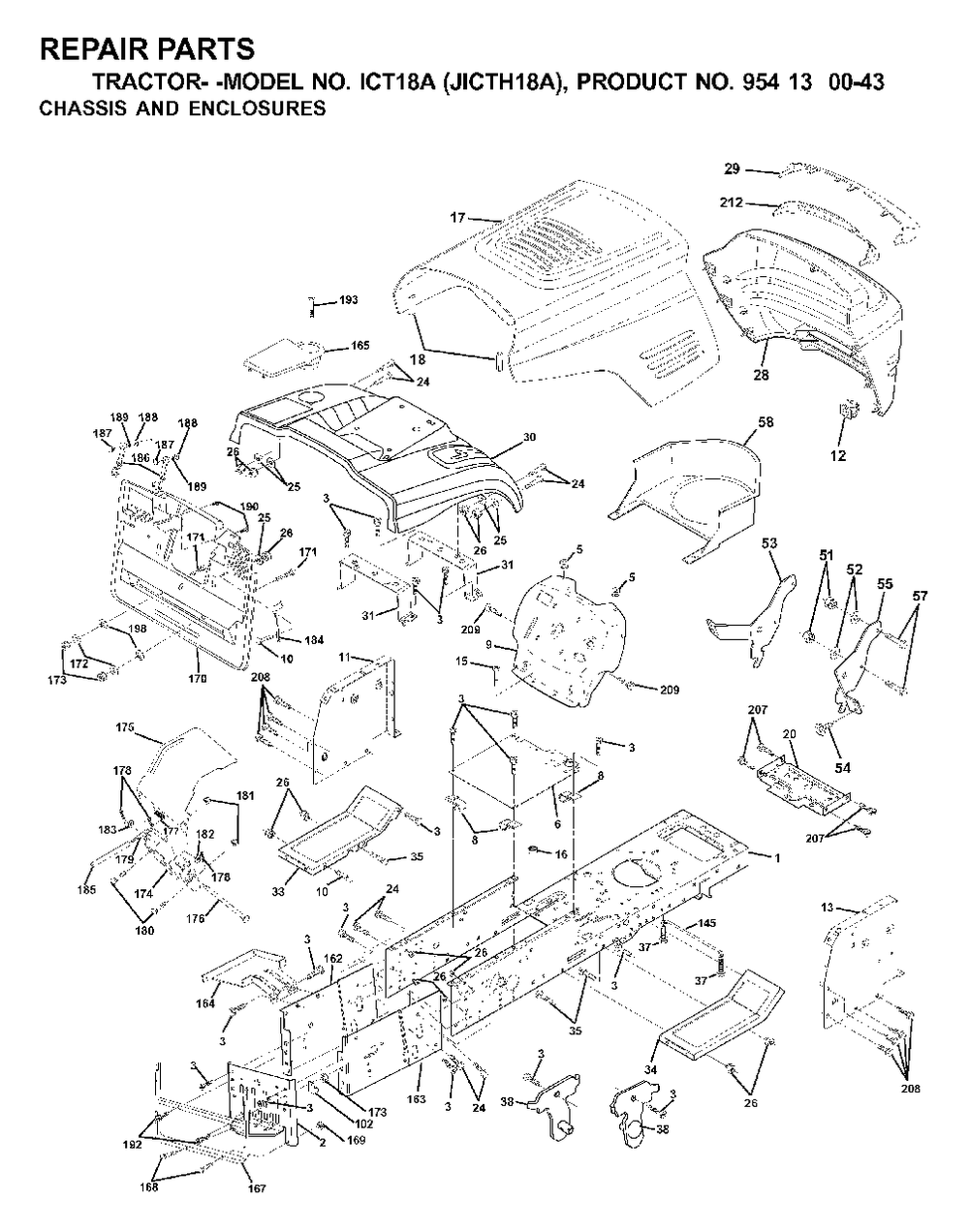 Chassis Enclosures Diagram and Parts List for ICT18A (954130043-A)(2000-03) Jonsered Lawn Tractor