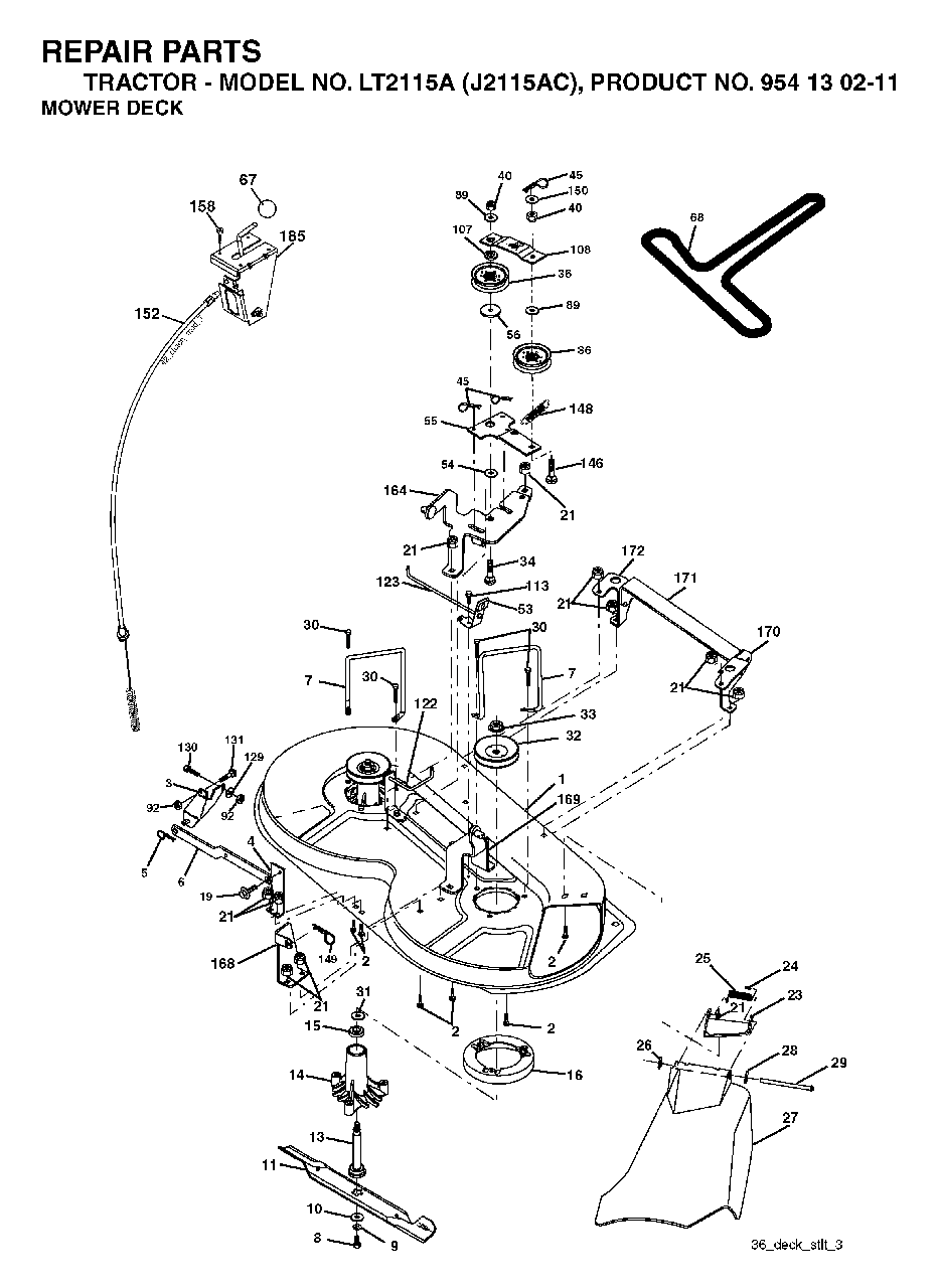 Mower Deck / Cutting Deck Diagram and Parts List for LT2115A (954130211)(2004-09) Jonsered Lawn Tractor