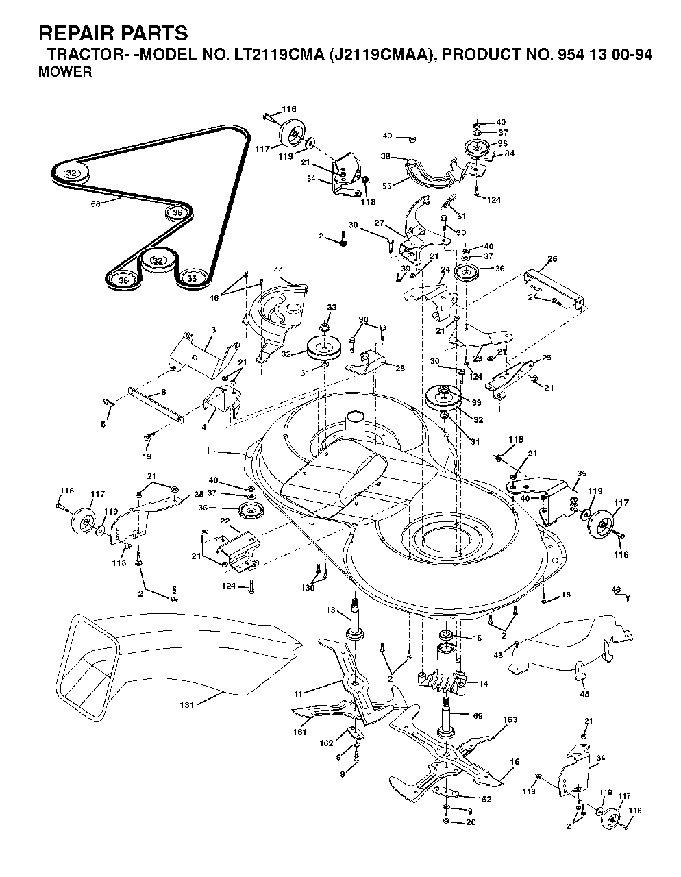 Mower Deck / Cutting Deck Diagram and Parts List for LT2119CMA (954130094)(2003-01) Jonsered Lawn Tractor
