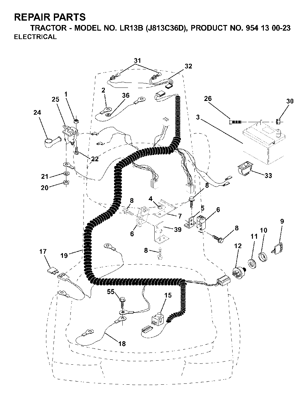 Electrical Diagram and Parts List for LR13B (954130023)(2000-04) Jonsered Lawn Tractor