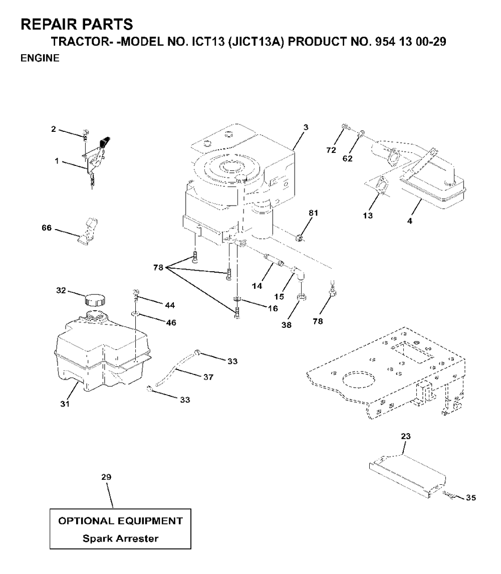 Engine Cutting Equipment Diagram and Parts List for ICT13 (954130029)(1999-03) Jonsered Lawn Tractor