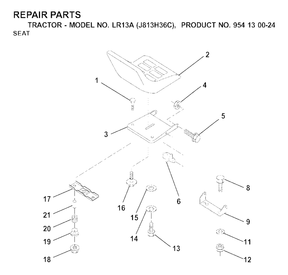 Seat Diagram and Parts List for LR13A (954130024)(2000-03) Jonsered Lawn Tractor