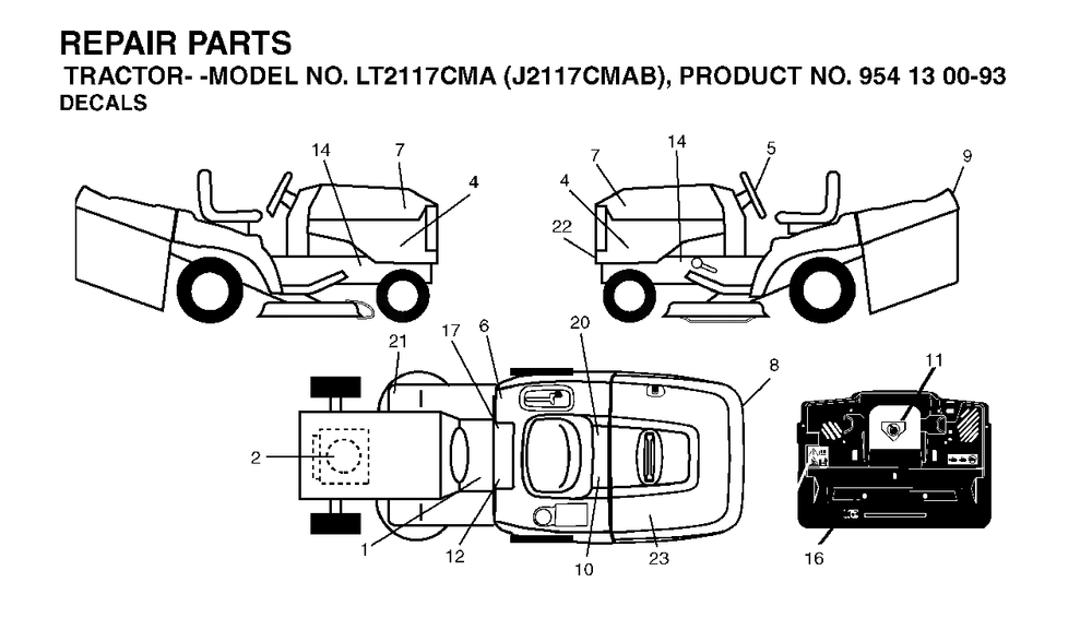 Decals Diagram and Parts List for LT2117CMA (954130093)(2003-05) Jonsered Lawn Tractor