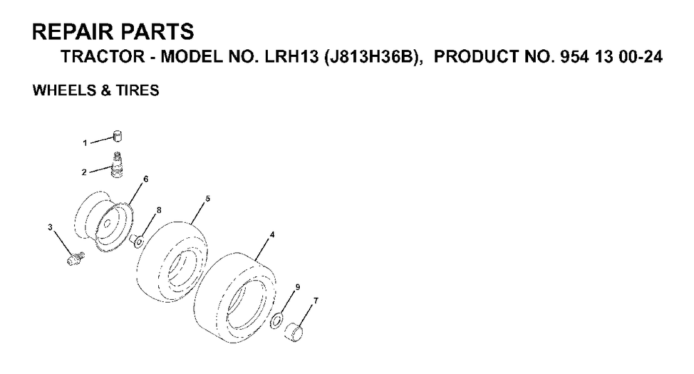 Wheels Tires Diagram and Parts List for LRH13 (954130024)(1998-12) Jonsered Lawn Tractor