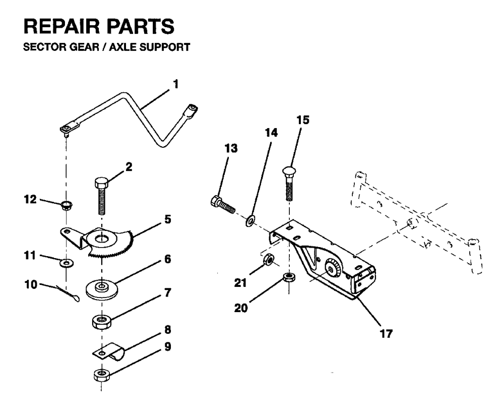 Sector Gear / Axle Support Diagram and Parts List for LR12 1995-01 Jonsered Lawn Tractor