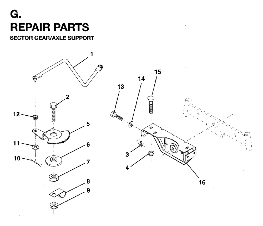 Sector Gear / Axle Support Diagram and Parts List for LRH13 (954003421)(1996-01) Jonsered Lawn Tractor