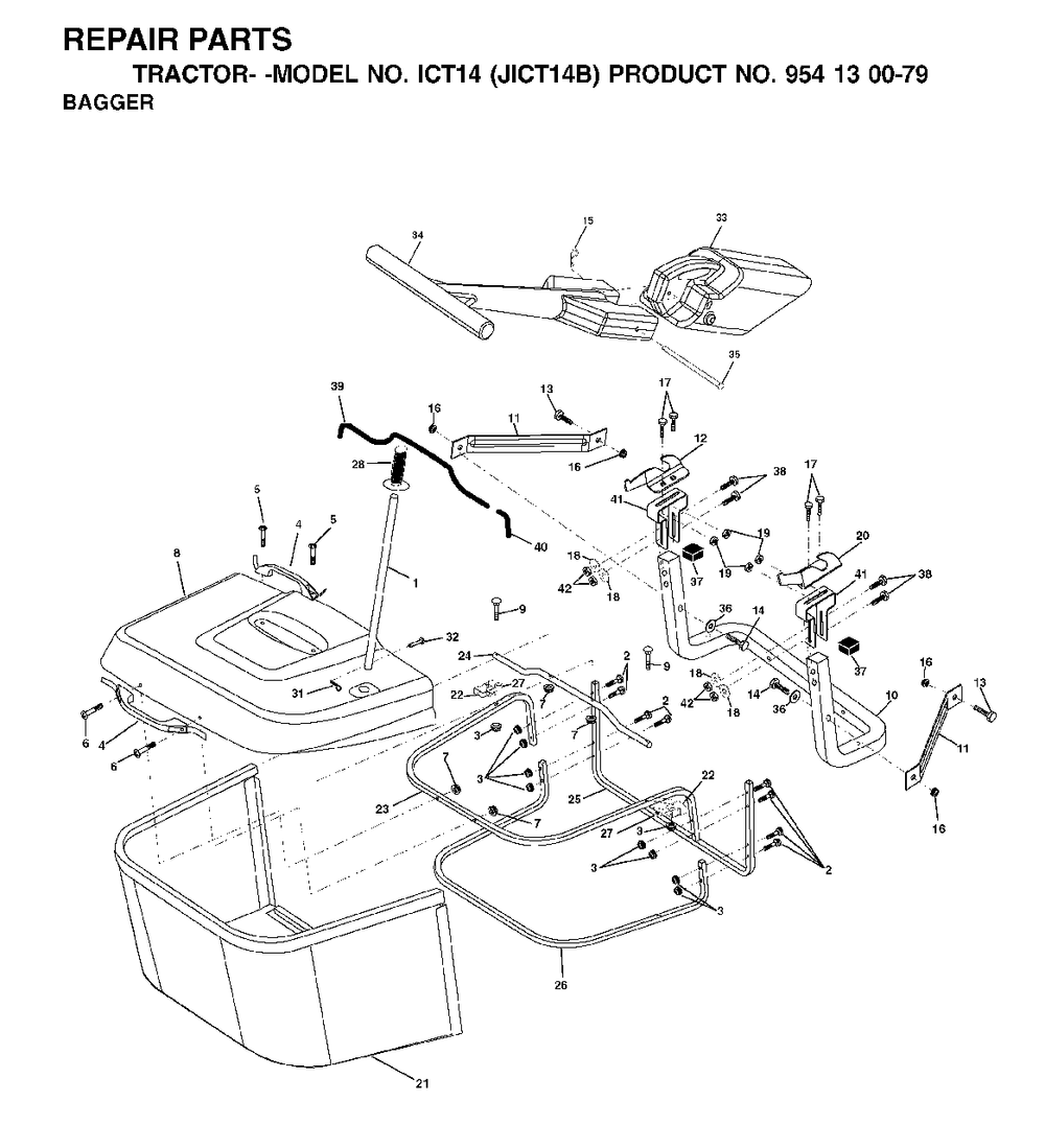 Bagger Diagram and Parts List for ICT14 (954130079)(2002-02) Jonsered Lawn Tractor