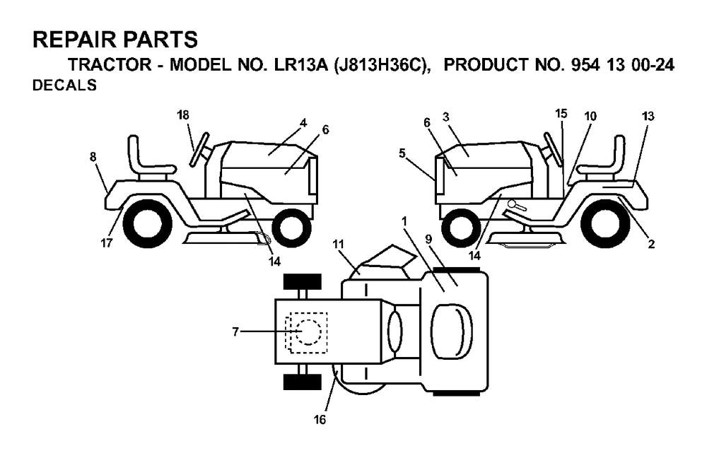 Decals Diagram and Parts List for LR13A (954130024)(2000-03) Jonsered Lawn Tractor
