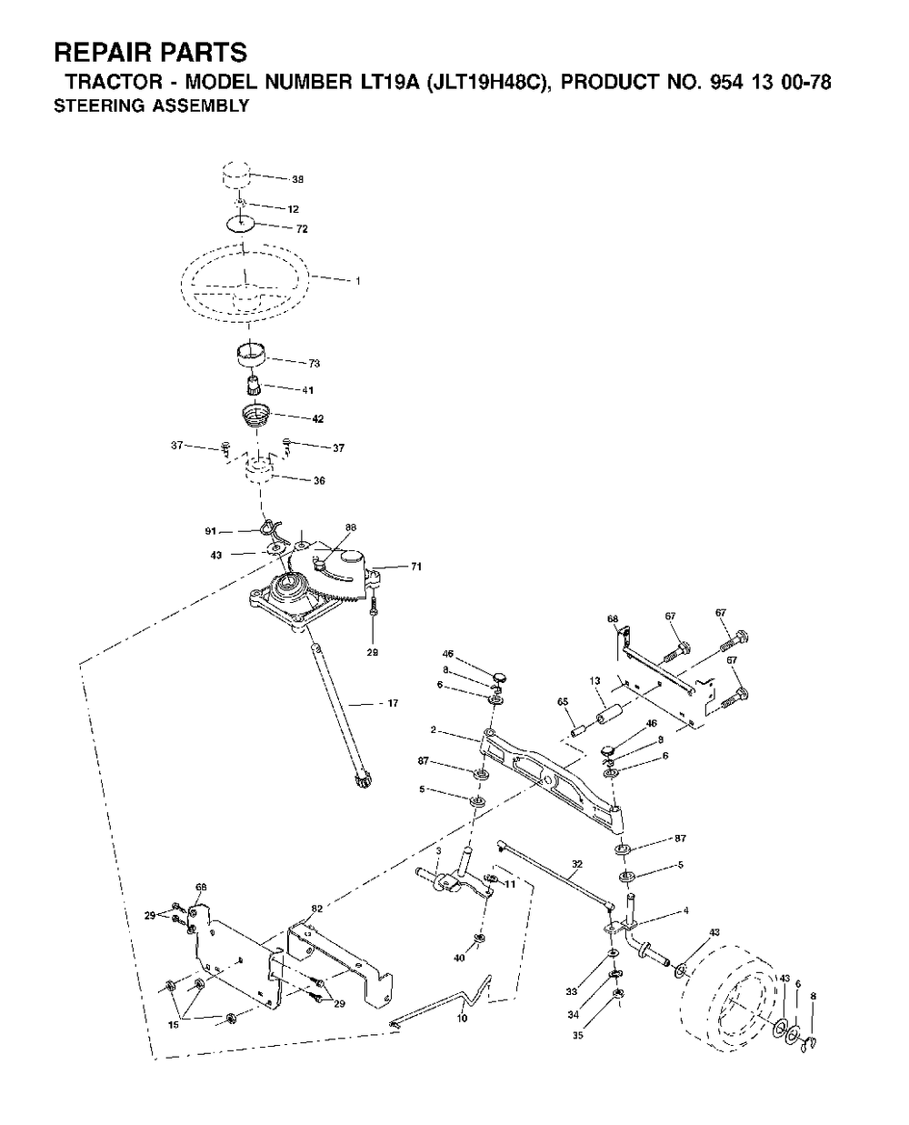 Steering Diagram and Parts List for LT19A (954130078)(2002-09) Jonsered Lawn Tractor