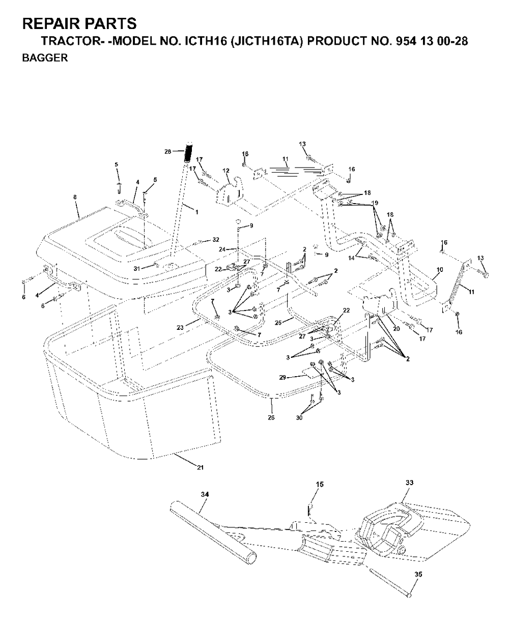 Bagger Diagram and Parts List for ICTH16 (954130028)(1999-03) Jonsered Lawn Tractor