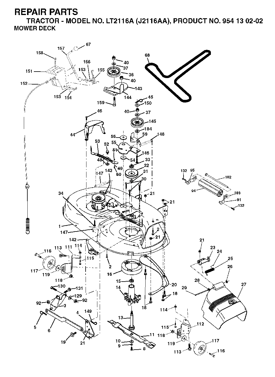Mower Deck / Cutting Deck Diagram and Parts List for LT2116A (954130202-A)(2003-01) Jonsered Lawn Tractor