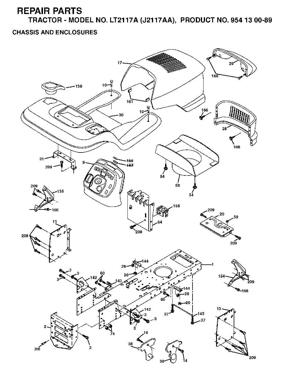 Chassis Enclosures Diagram and Parts List for LT2117A (954130089)(2003-01) Jonsered Lawn Tractor