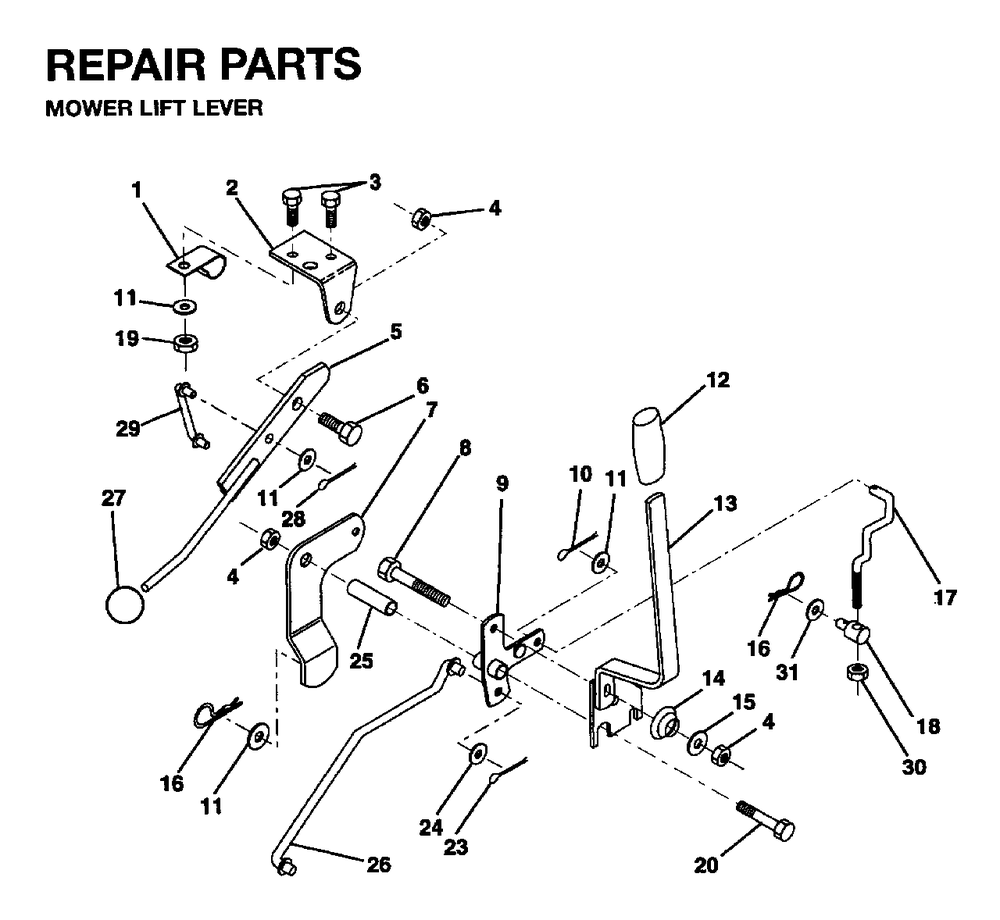 Mower Lift Lever Diagram and Parts List for LR12 1995-01 Jonsered Lawn Tractor