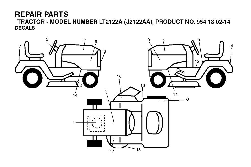Decals Diagram and Parts List for LT2122A (954130214)(2004-01) Jonsered Lawn Tractor