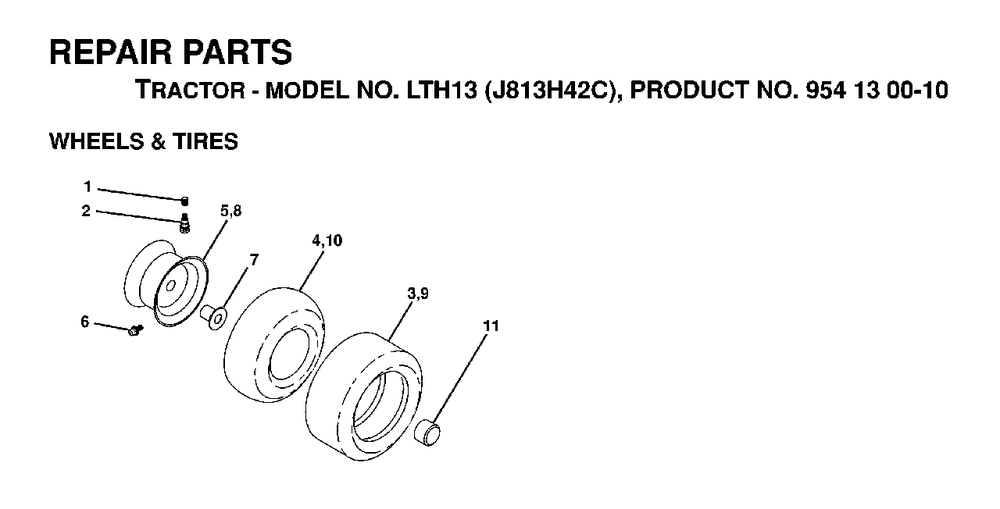 Wheels Tires Diagram and Parts List for LTH13 (954130010)(1998-12) Jonsered Lawn Tractor