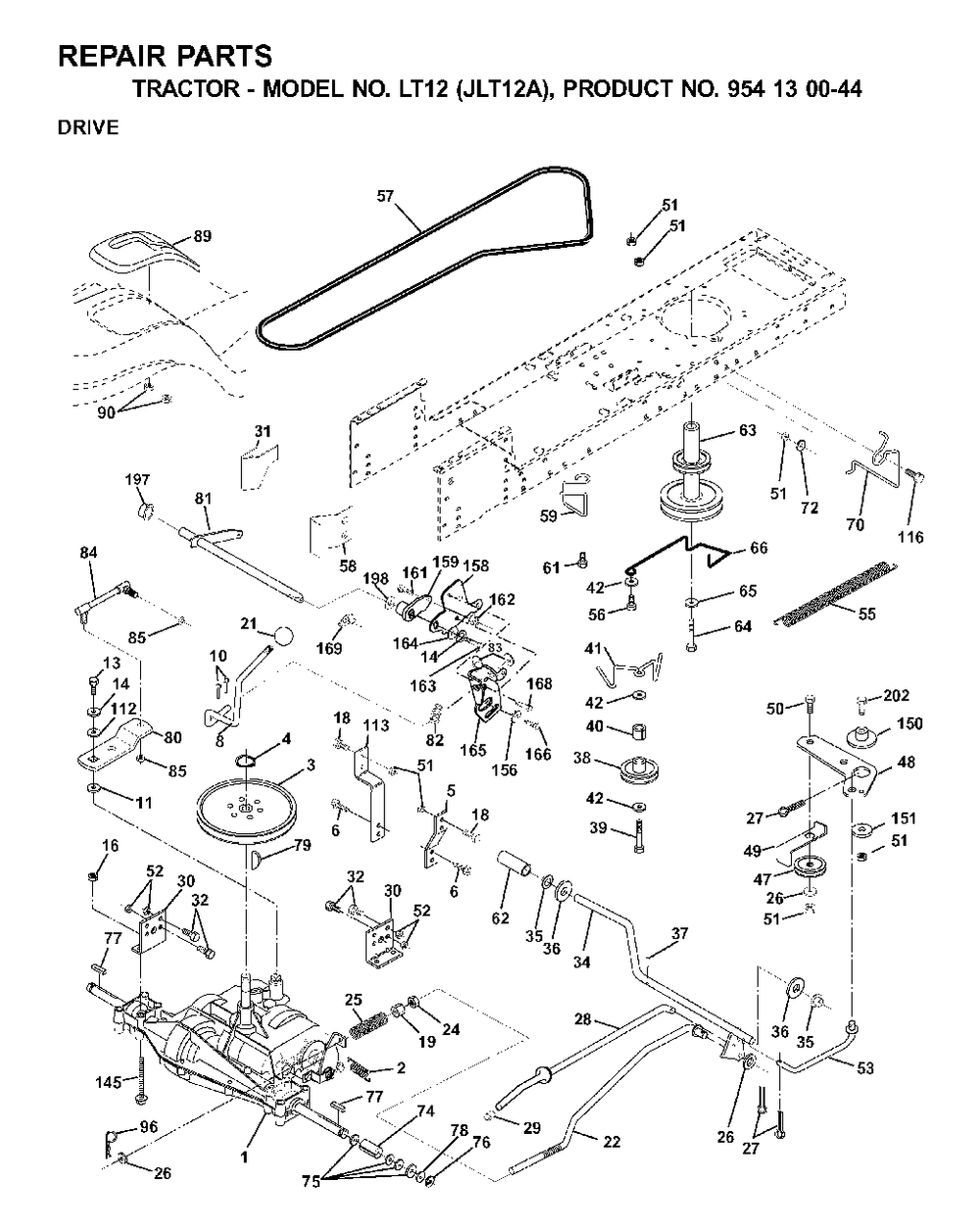Drive Diagram and Parts List for LT12 (954130044)(2001-01) Jonsered Lawn Tractor