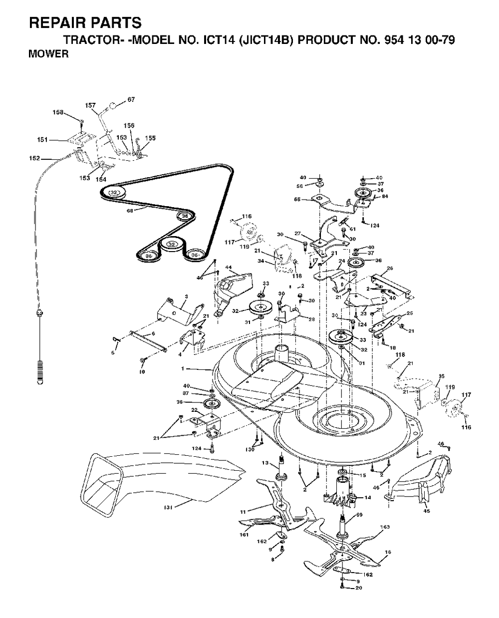 Mower Deck / Cutting Deck Diagram and Parts List for ICT14 (954130079)(2002-02) Jonsered Lawn Tractor