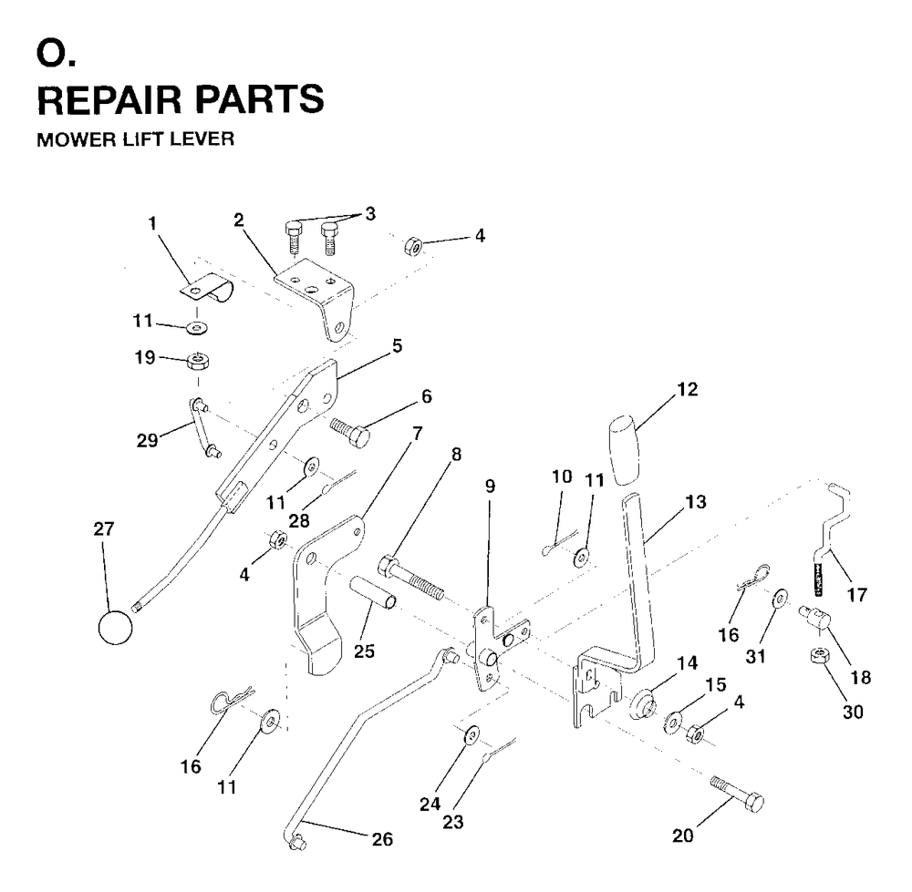 Mower Lift Lever Diagram and Parts List for LRH13 (954003421)(1996-01) Jonsered Lawn Tractor