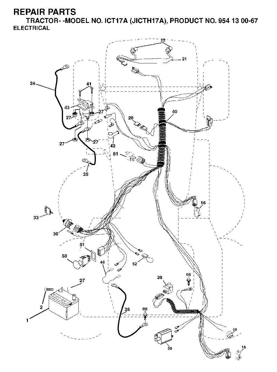 Electrical Diagram and Parts List for ICT17A (954130067)(2002-02) Jonsered Lawn Tractor