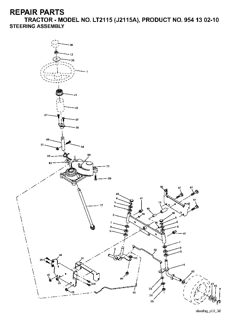 Steering Diagram and Parts List for LT2115 (954130210)(2004-01) Jonsered Lawn Tractor