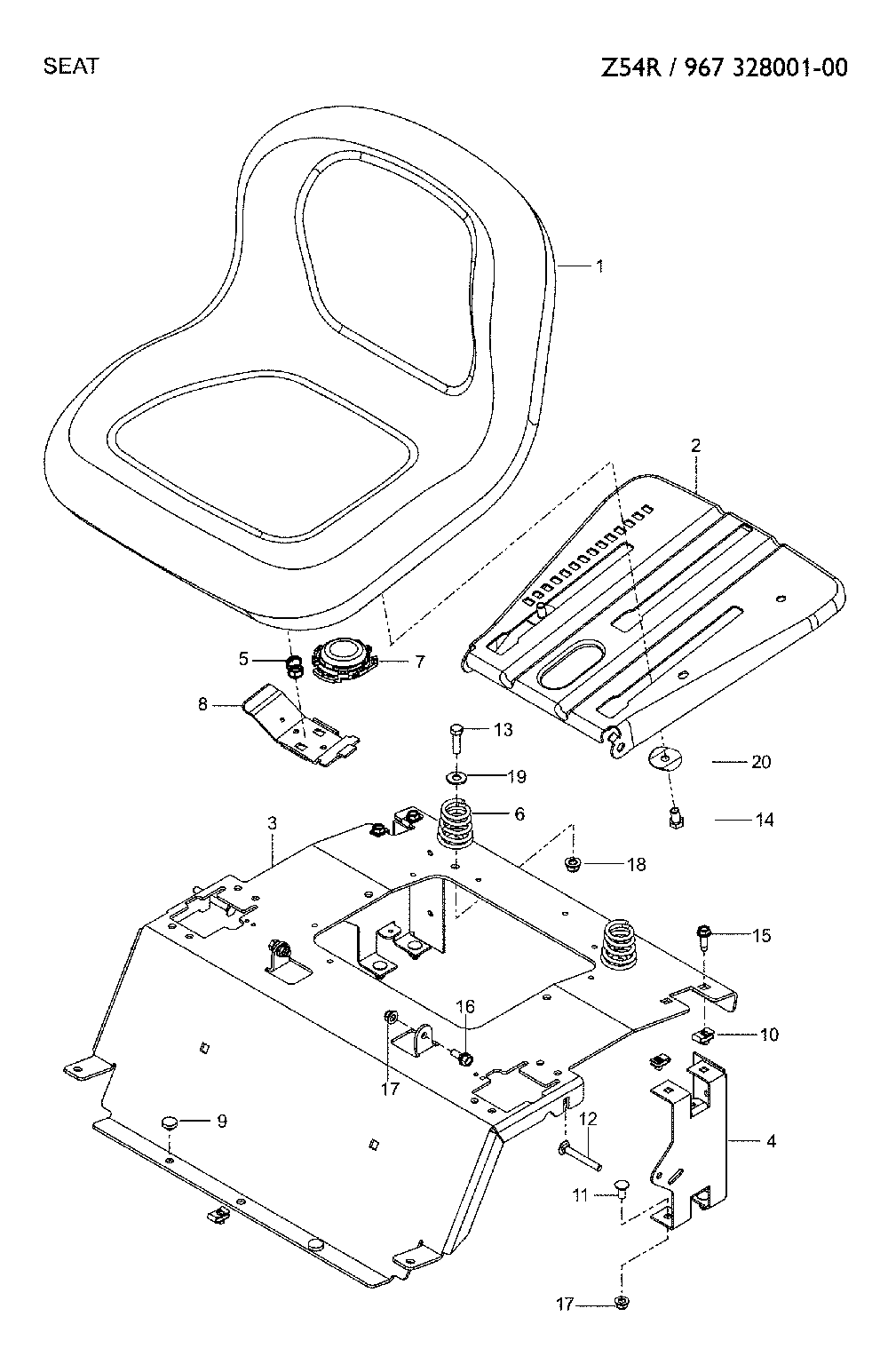 Seat Diagram and Parts List for 967328001-00  Jonsered Lawn Mower