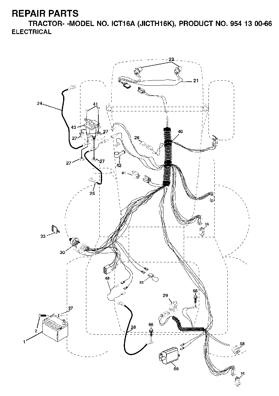 Electrical Diagram and Parts List for ICT16A (954130066-K)(2002-06) Jonsered Lawn Tractor