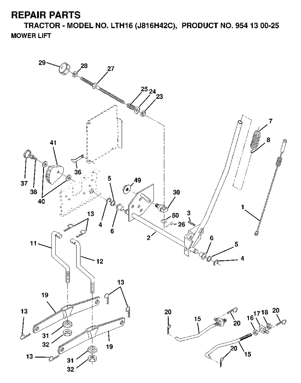 Mower Lift / Deck Lift Diagram and Parts List for LTH16 (954130025)(1998-12) Jonsered Lawn Tractor