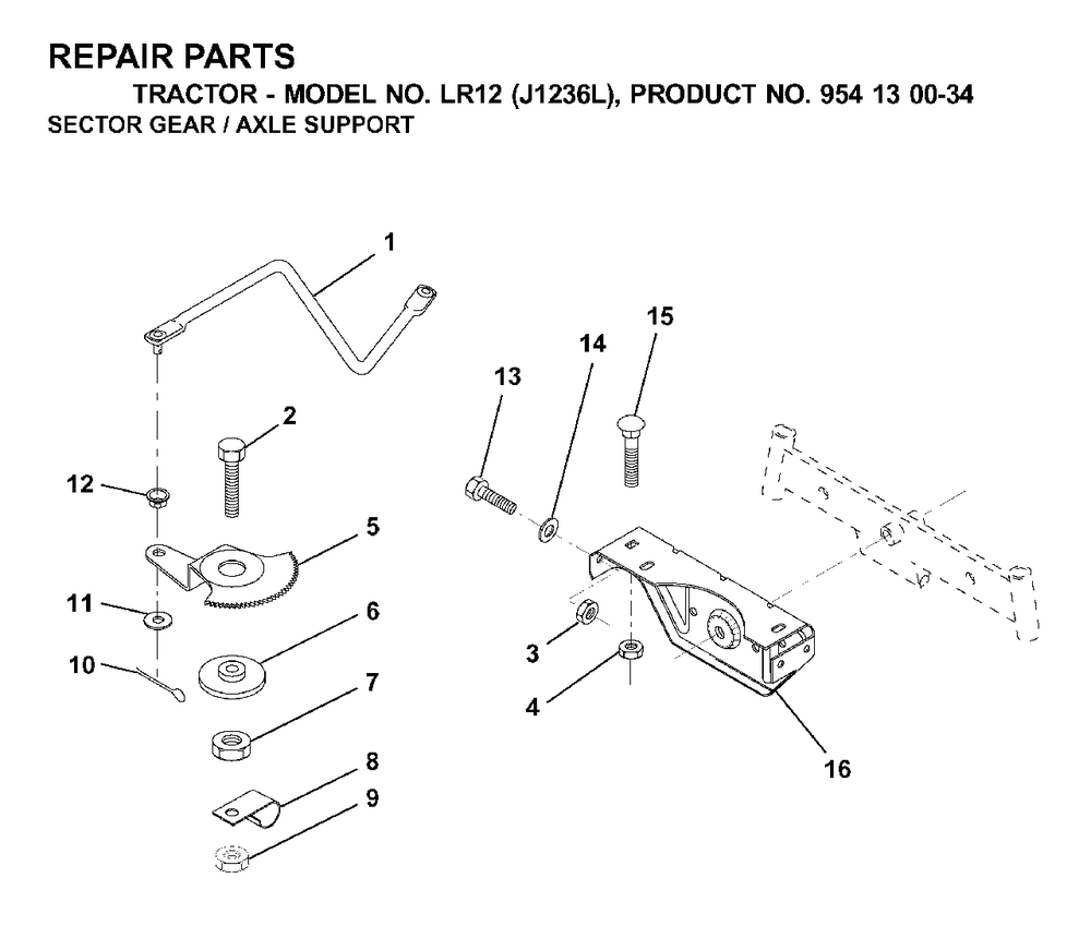 Sector Gear / Axle Support Diagram and Parts List for LR12 (954130034)(2000-03) Jonsered Lawn Tractor